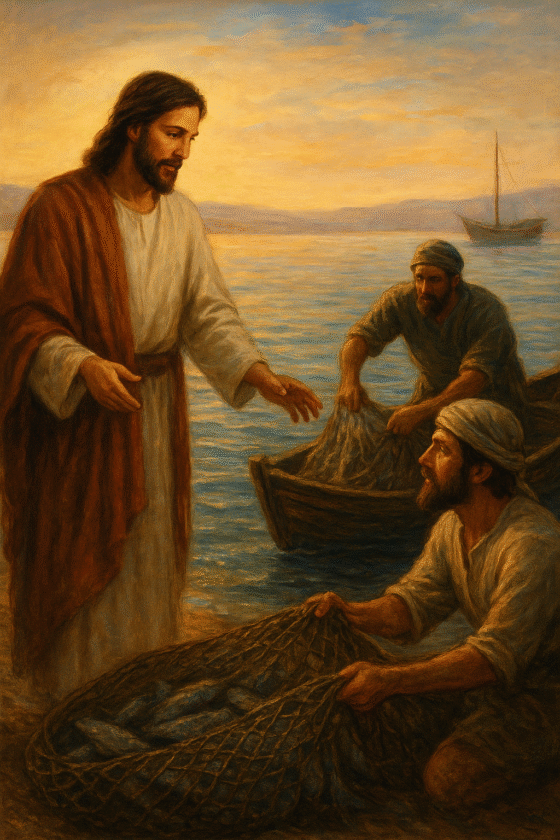Jesucristo y los pescadores al atardecer